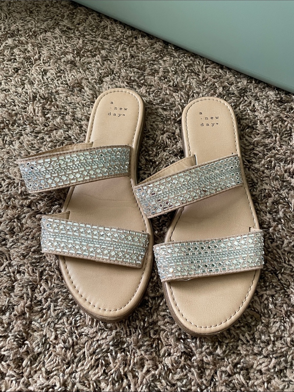 a new day Beige Slide Sandals with Crystal-Embellished Straps